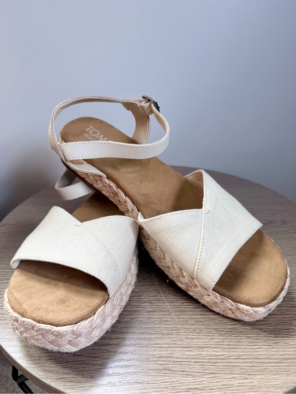 TOMS Cream Canvas Espadrille Platform Sandals with Ankle Strap